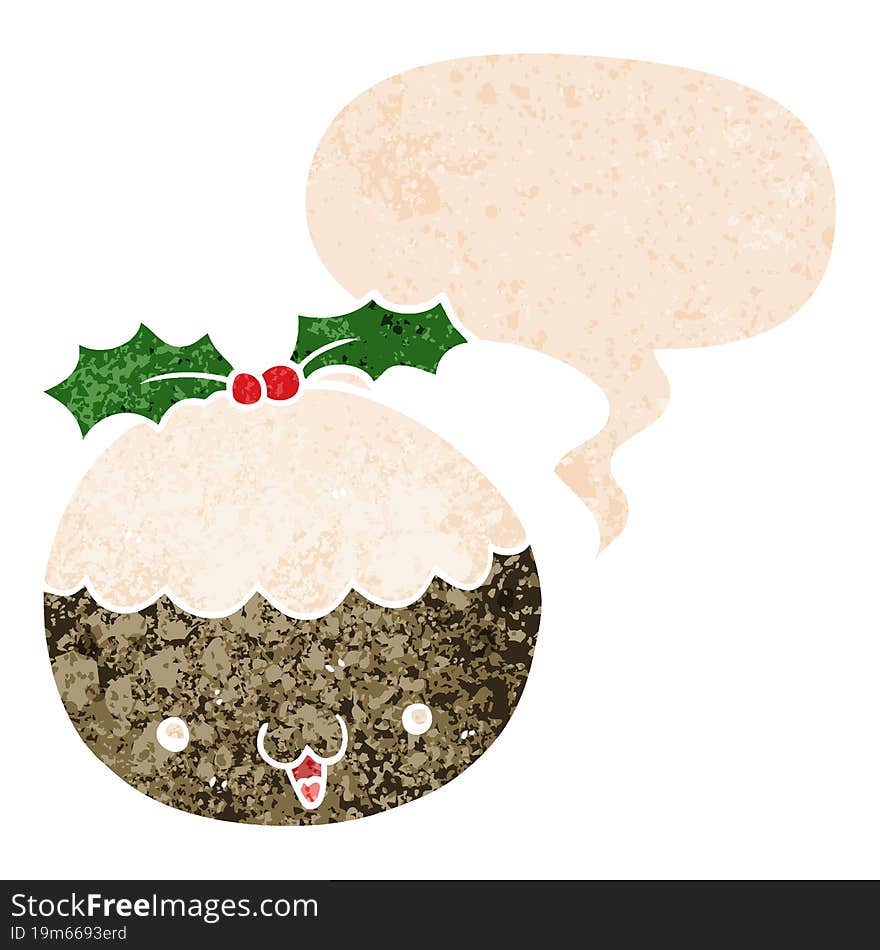 cute cartoon christmas pudding and speech bubble in retro textured style