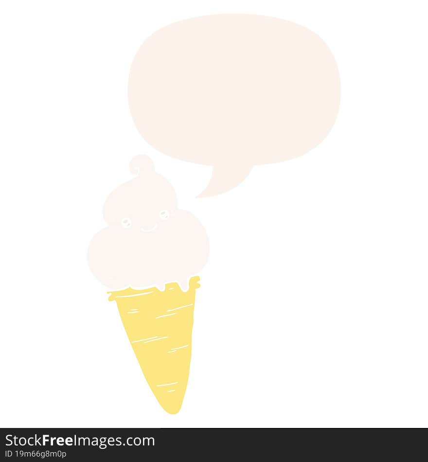 cartoon ice cream and speech bubble in retro style