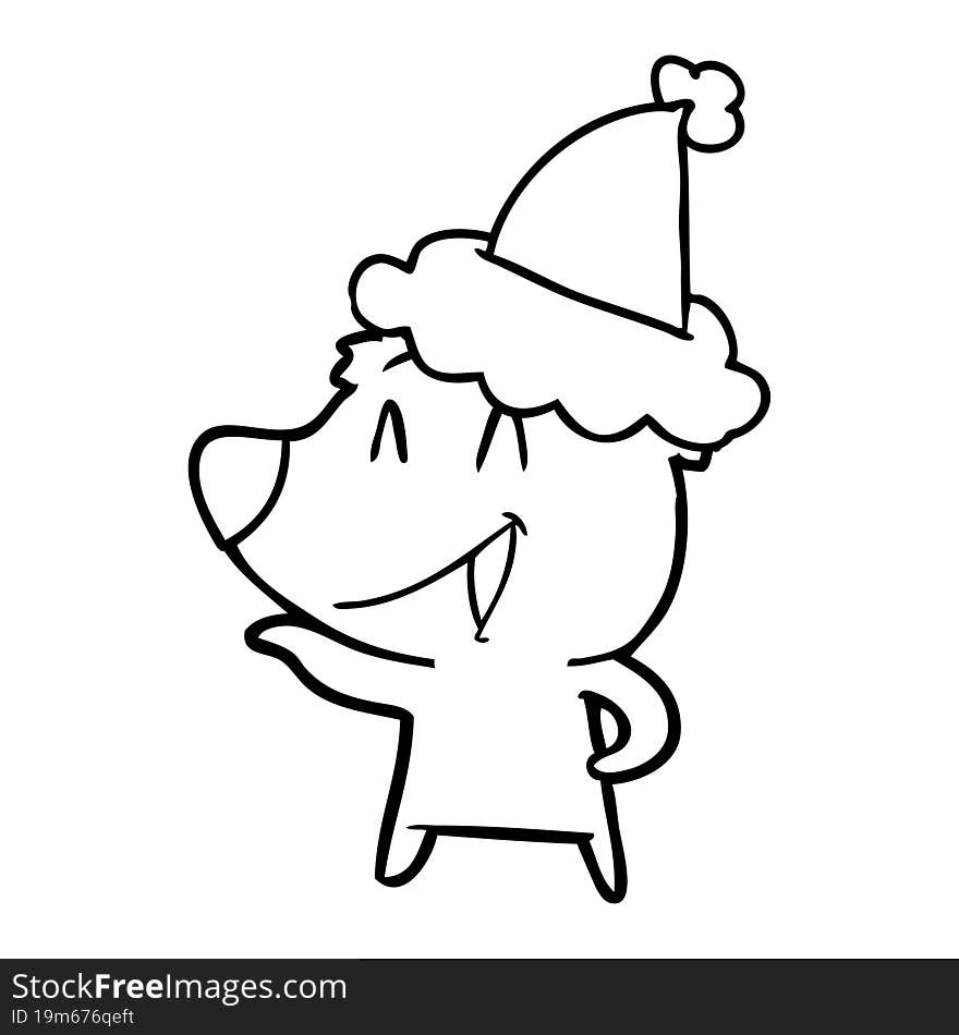 laughing bear hand drawn line drawing of a wearing santa hat. laughing bear hand drawn line drawing of a wearing santa hat