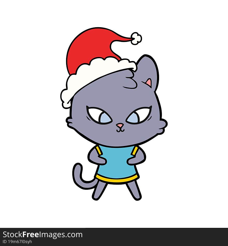 cute hand drawn line drawing of a cat wearing santa hat. cute hand drawn line drawing of a cat wearing santa hat