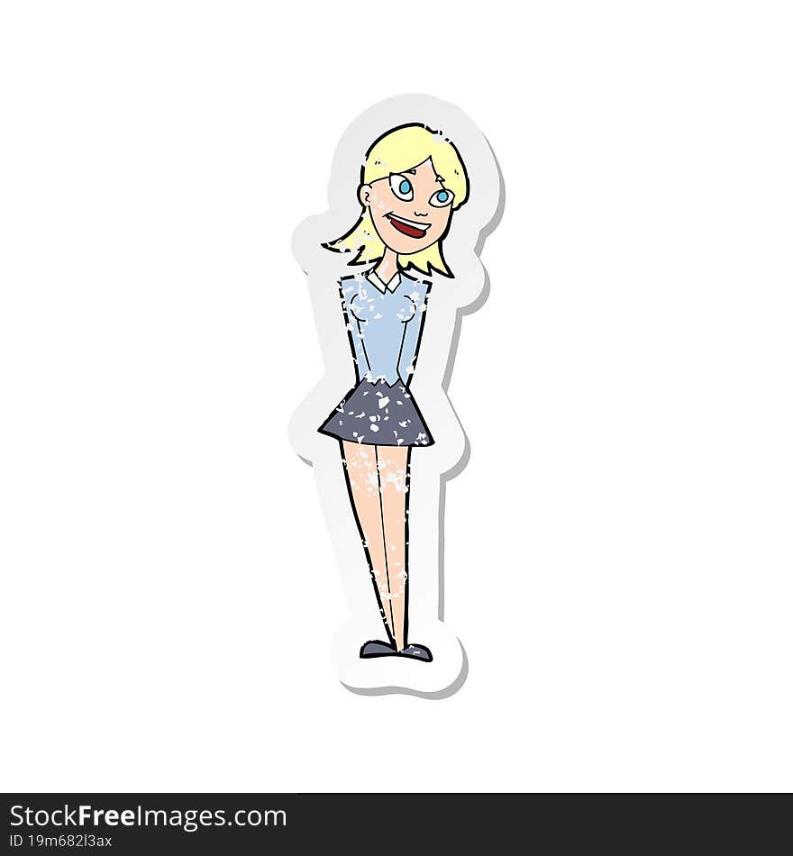 retro distressed sticker of a cartoon happy woman