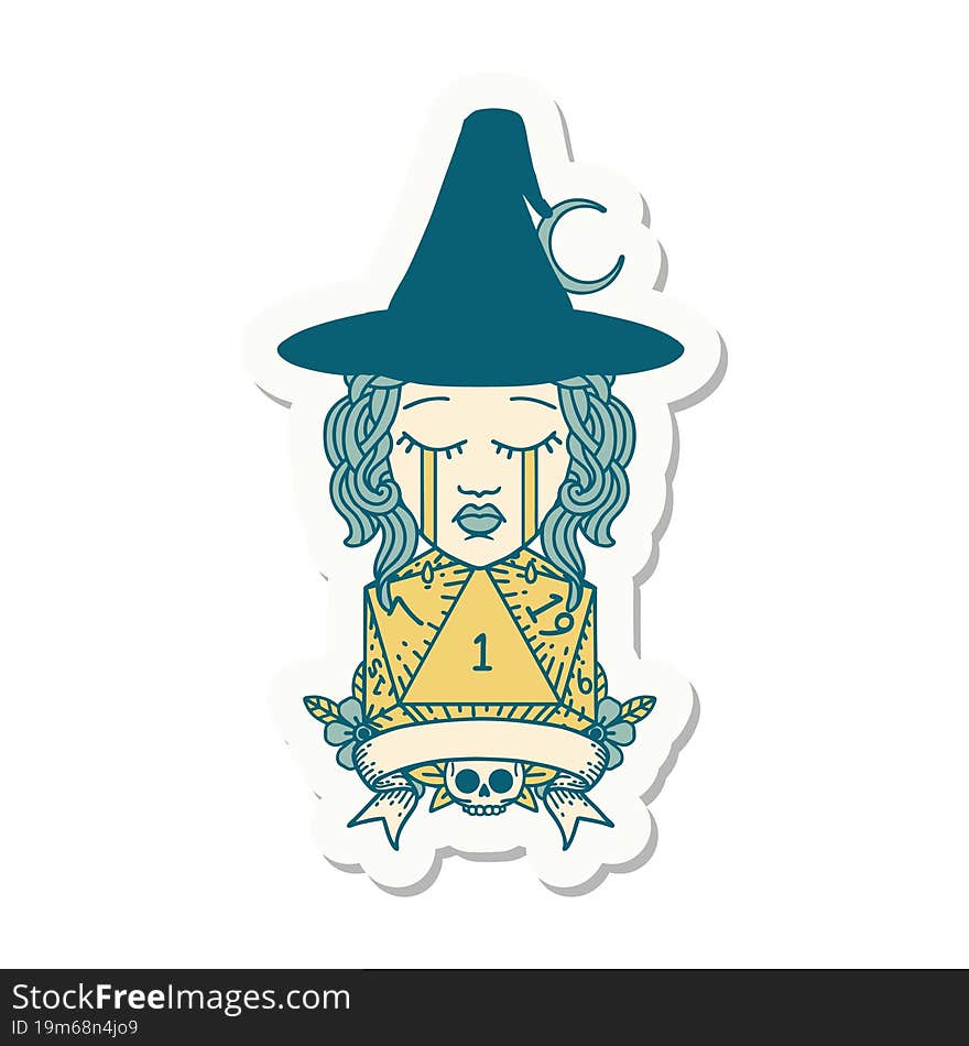 sticker of a crying human witch with natural one roll. sticker of a crying human witch with natural one roll