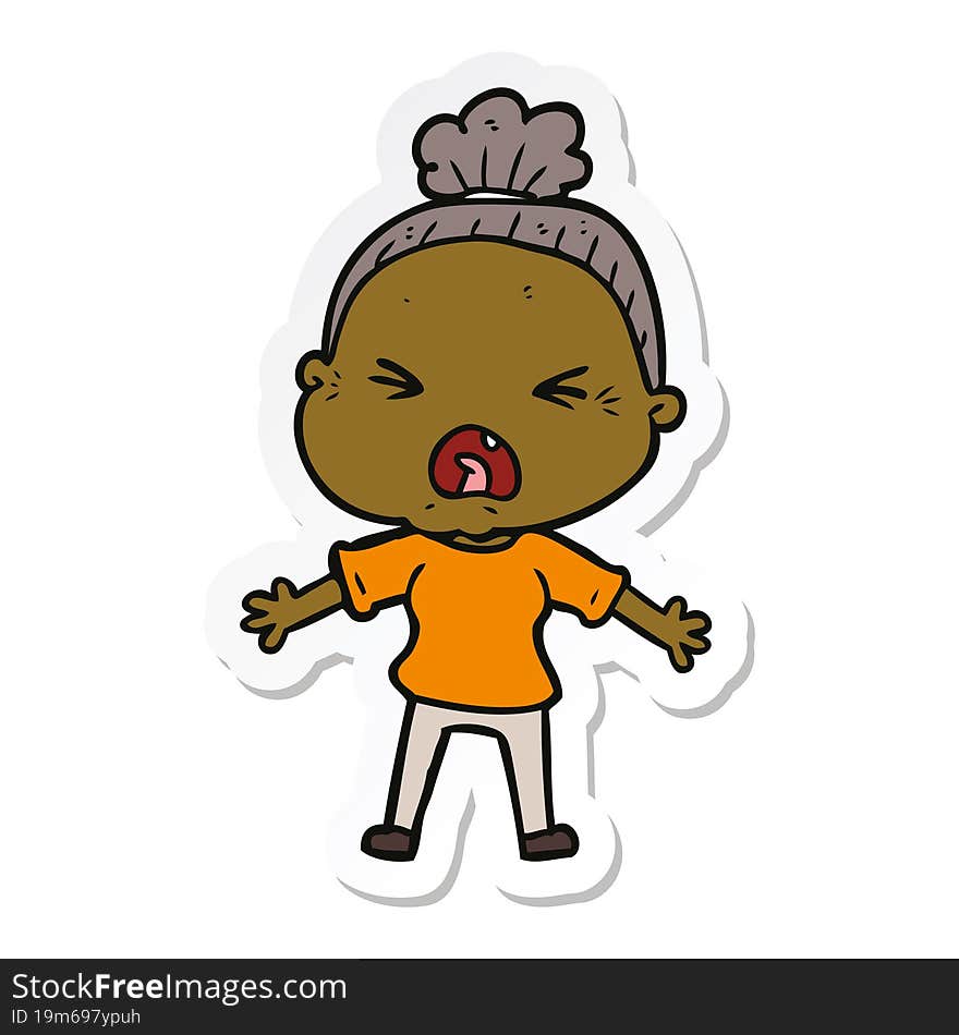 sticker of a cartoon angry old woman