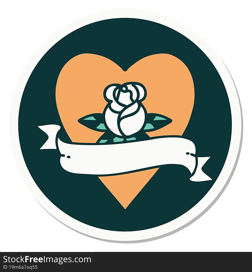 tattoo style sticker of a heart rose and banner