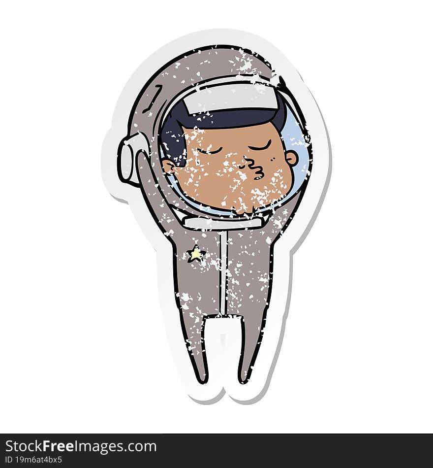 Distressed Sticker Of A Cartoon Confident Astronaut