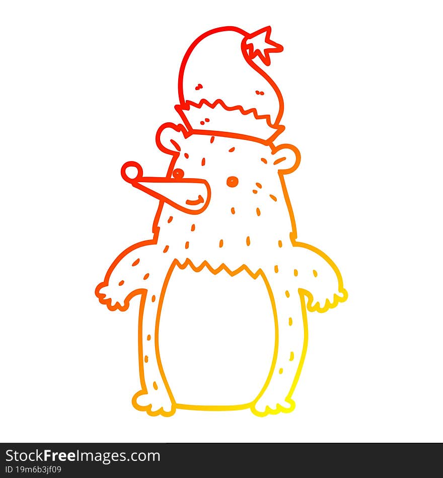 Warm Gradient Line Drawing Cartoon Bear Wearing Christmas Hat