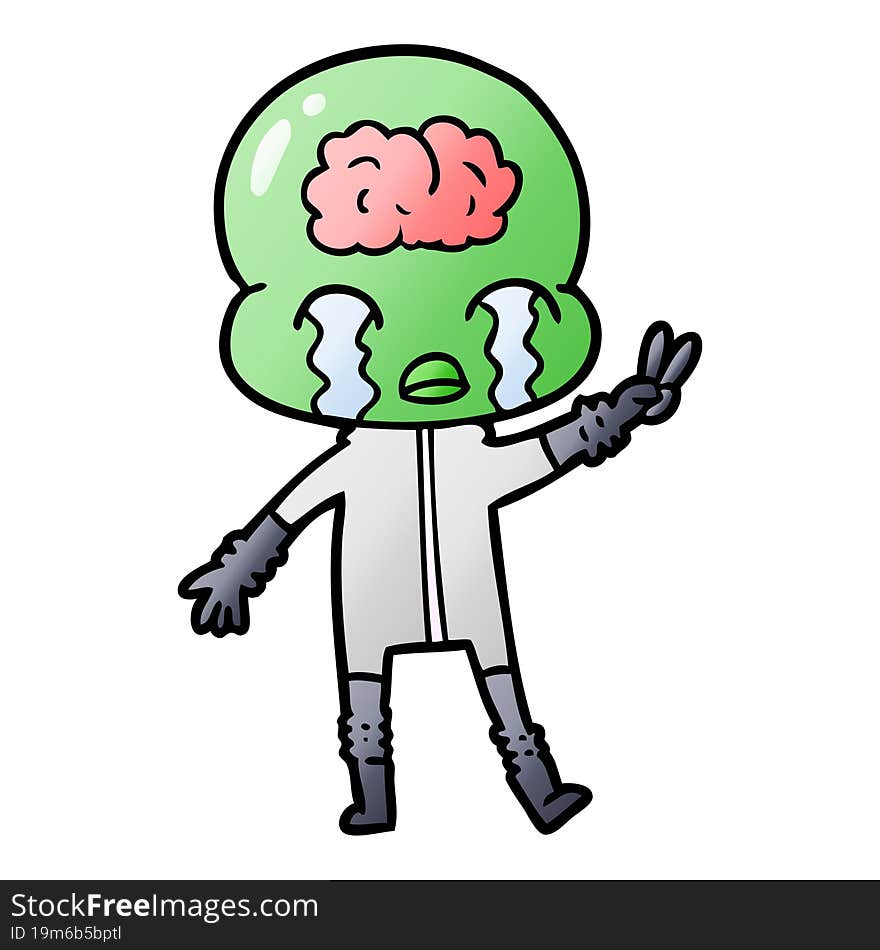 cartoon big brain alien crying and giving peace sign. cartoon big brain alien crying and giving peace sign