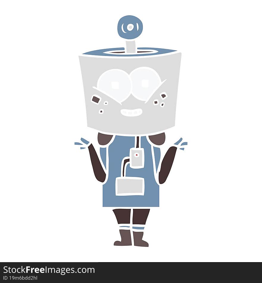 happy flat color style cartoon robot shrugging shoulders