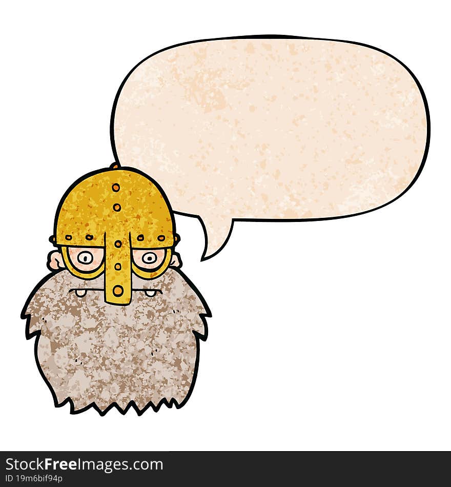 cartoon viking face with speech bubble in retro texture style