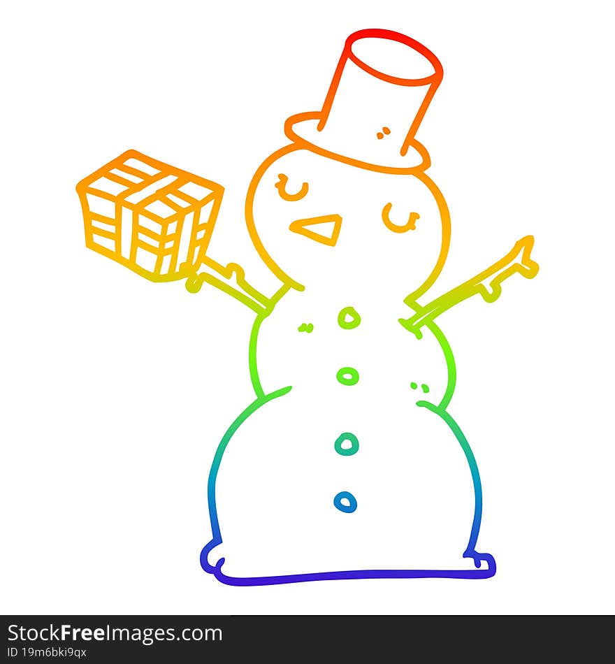 rainbow gradient line drawing of a cartoon snowman