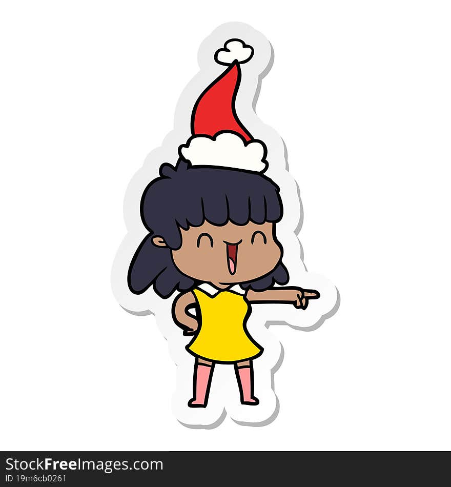 Sticker Cartoon Of A Happy Girl Wearing Santa Hat