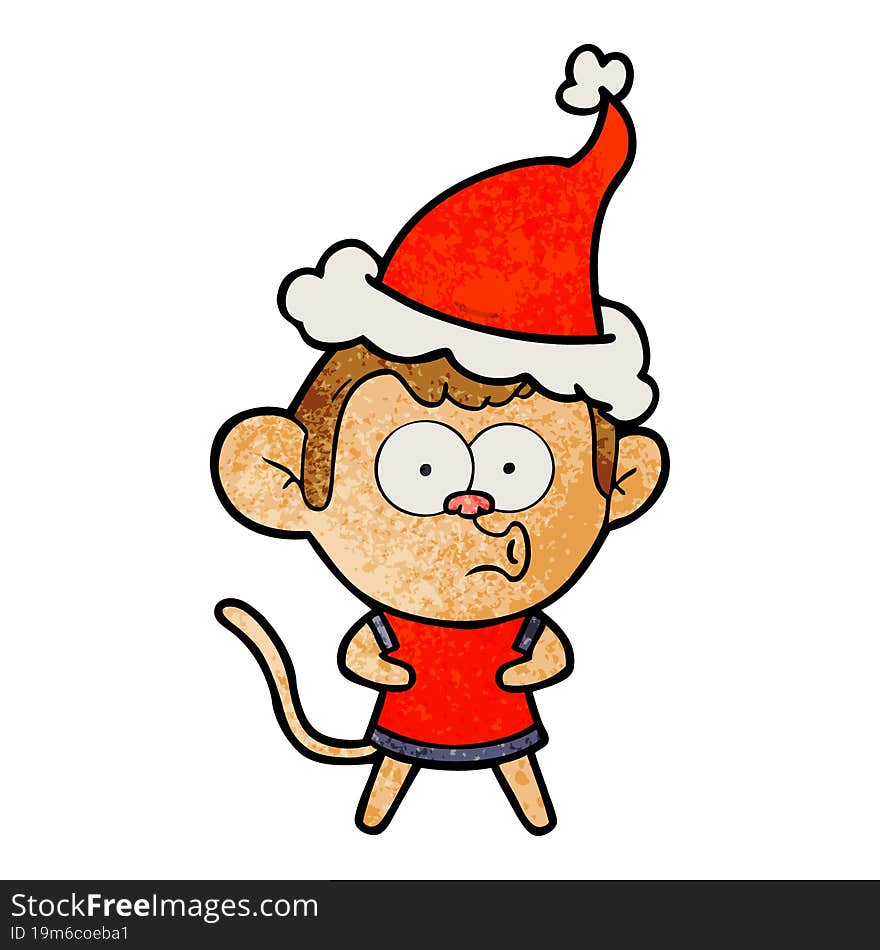 textured cartoon of a surprised monkey wearing santa hat