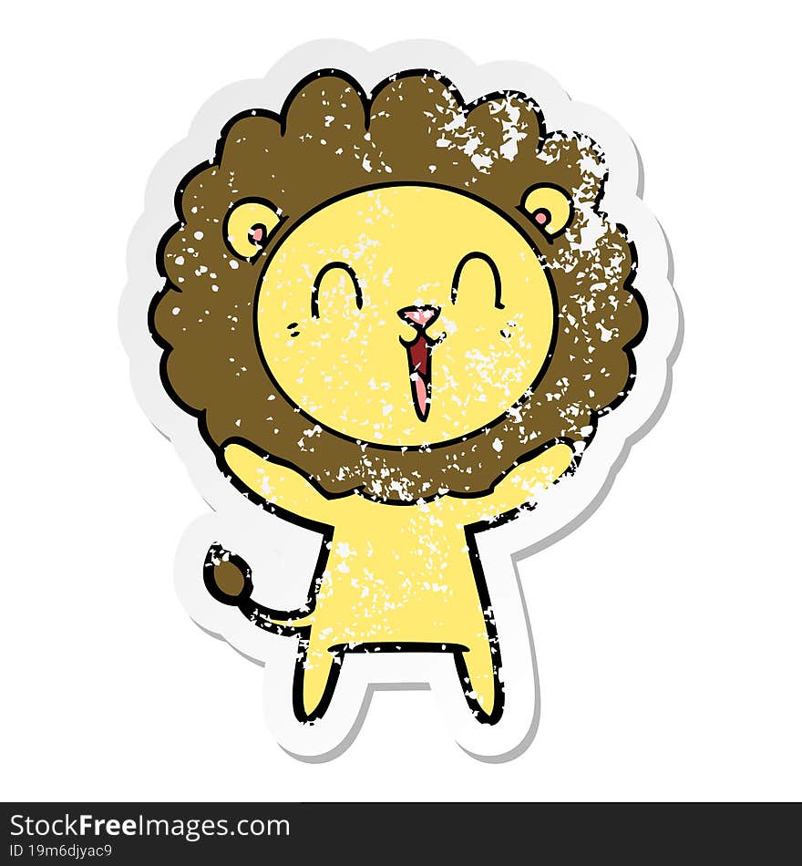 distressed sticker of a laughing lion cartoon