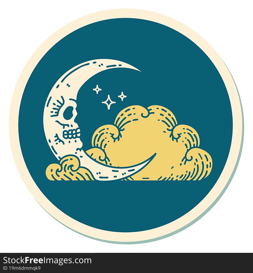 sticker of tattoo in traditional style of a skull crescent moon and clouds. sticker of tattoo in traditional style of a skull crescent moon and clouds