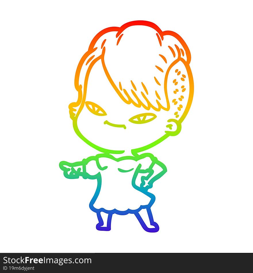 Rainbow Gradient Line Drawing Cute Cartoon Girl With Hipster Haircut