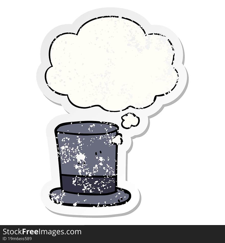 cartoon top hat and thought bubble as a distressed worn sticker