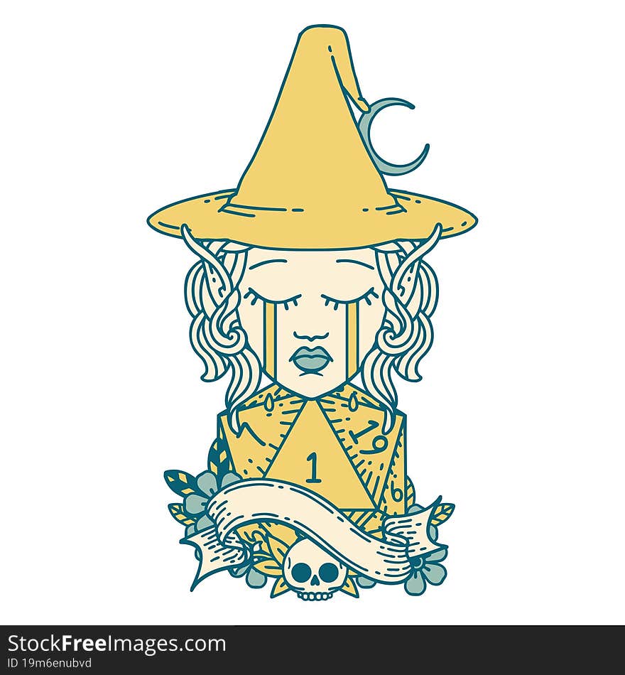 crying elf mage character face with natural one D20 roll illustration