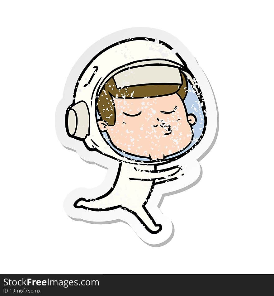 Distressed Sticker Of A Cartoon Confident Astronaut