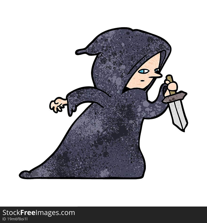 cartoon assassin in dark robe. cartoon assassin in dark robe