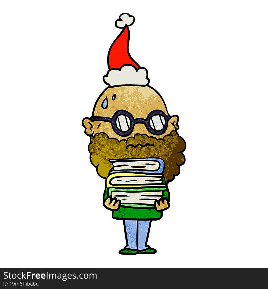 hand drawn textured cartoon of a worried man with beard and stack of books wearing santa hat