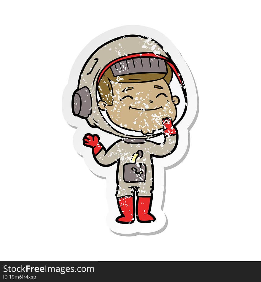 distressed sticker of a happy cartoon astronaut