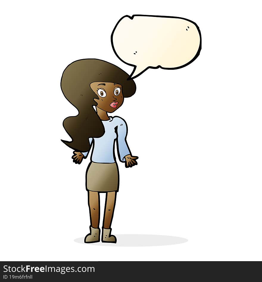 cartoon woman shrugging shoulders with speech bubble