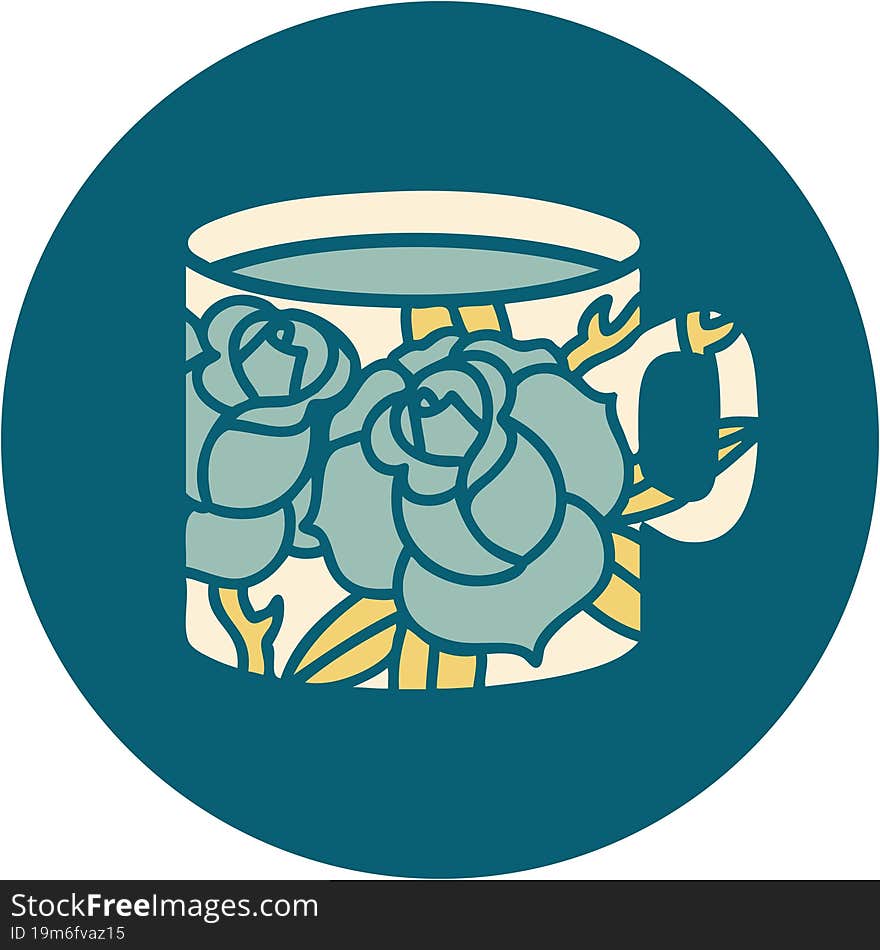 Tattoo Style Icon Of A Cup And Flowers