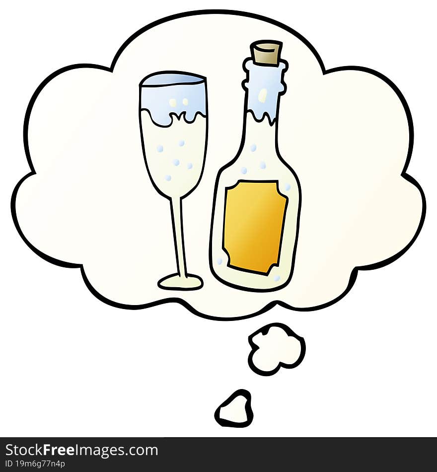 Cartoon Champagne Bottle And Glass And Thought Bubble In Smooth Gradient Style