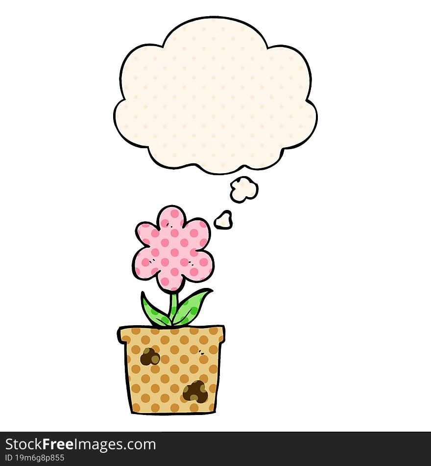 Cute Cartoon Flower And Thought Bubble In Comic Book Style