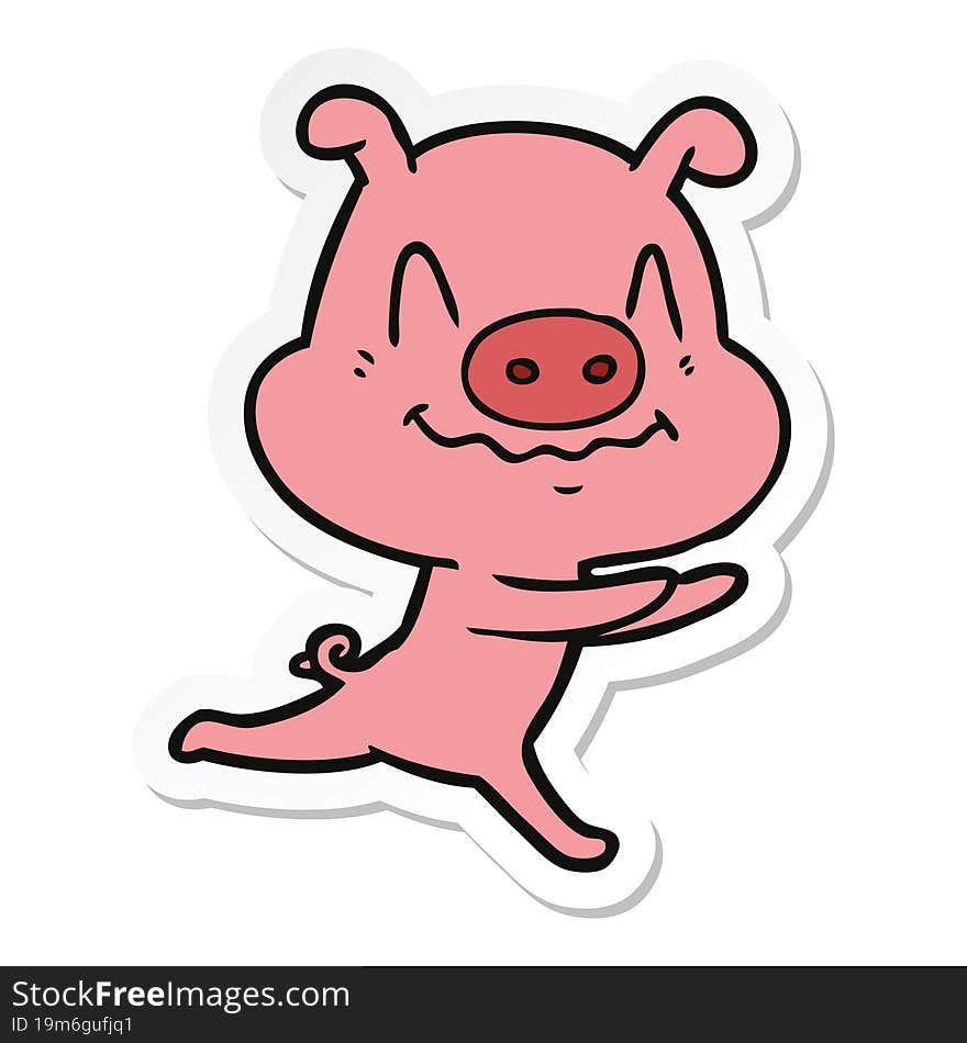 sticker of a nervous cartoon pig running