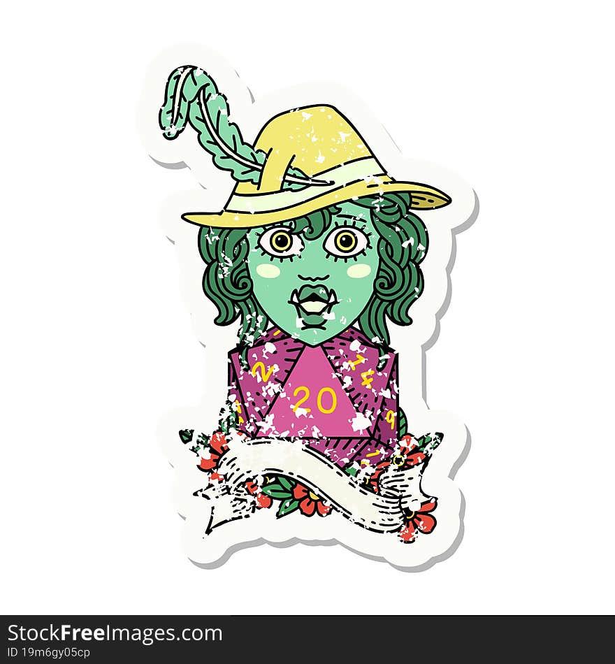 grunge sticker of a singing half orc bard with natural twenty dice roll. grunge sticker of a singing half orc bard with natural twenty dice roll