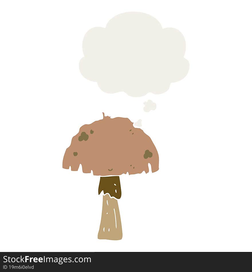 cartoon mushroom with thought bubble in retro style