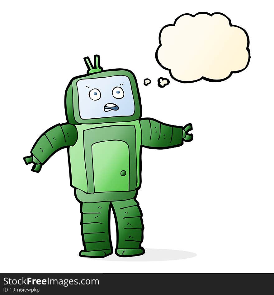 cartoon funny robot with thought bubble