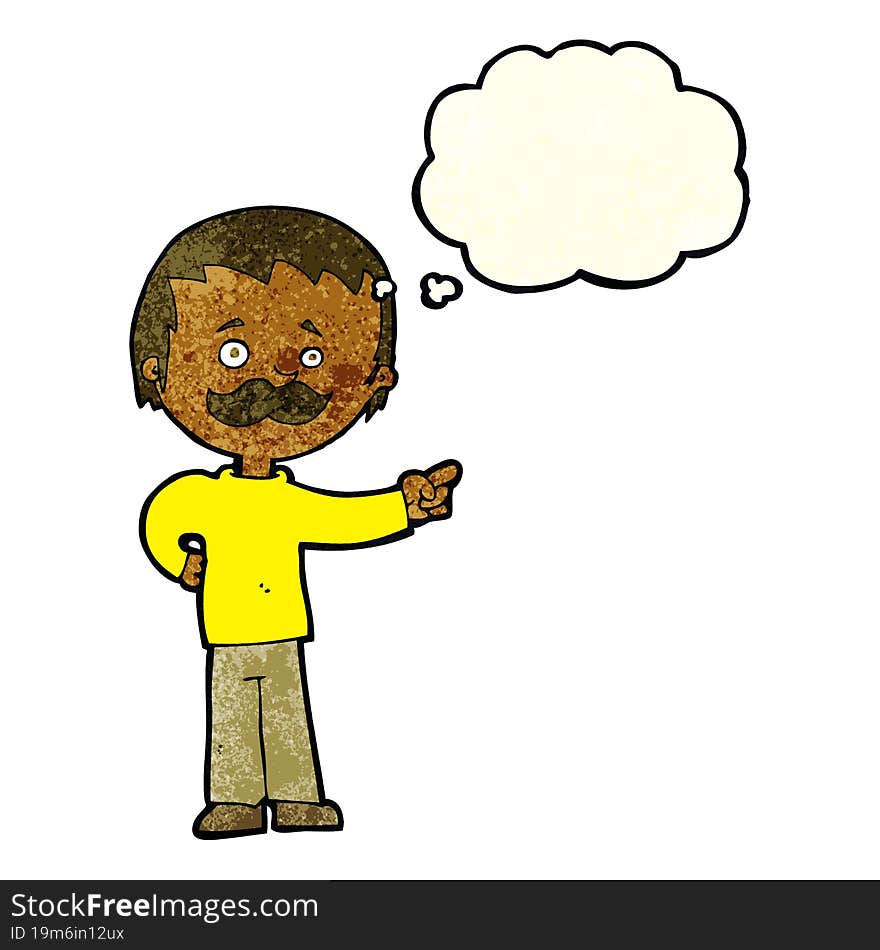 Cartoon Man With Mustache Pointing With Thought Bubble