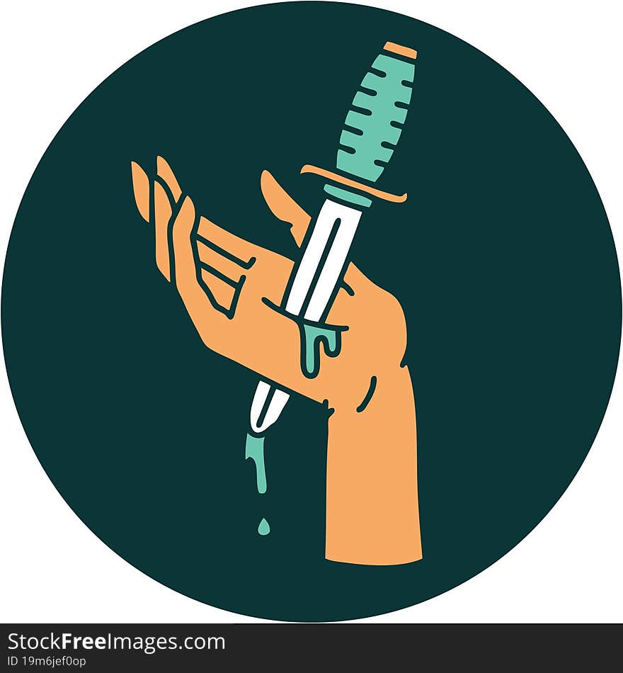 iconic tattoo style image of a dagger in the hand. iconic tattoo style image of a dagger in the hand