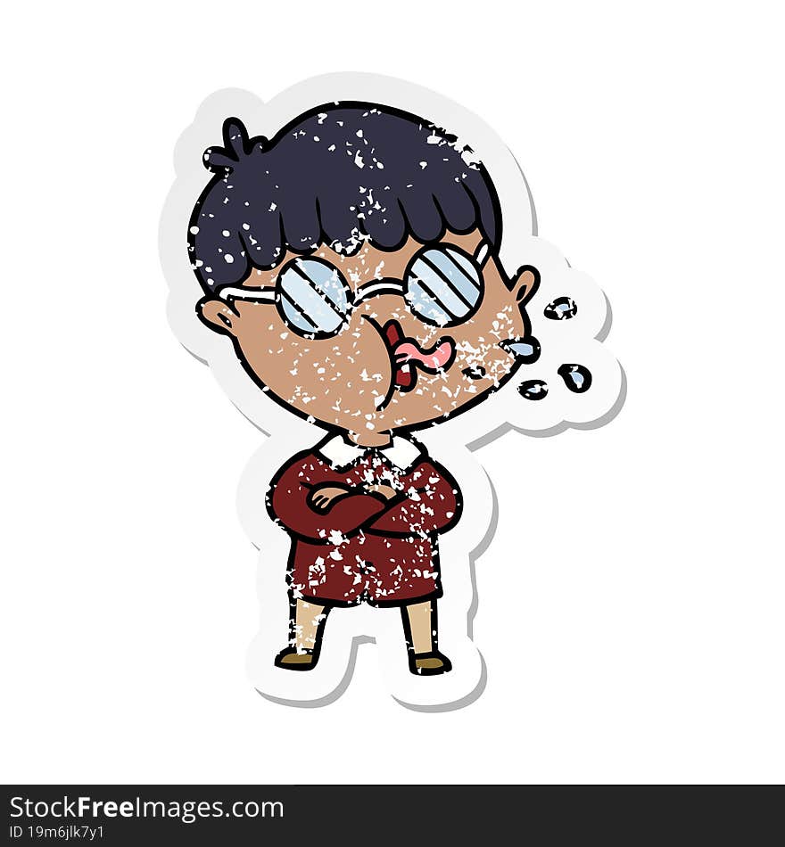 distressed sticker of a cartoon boy wearing spectacles