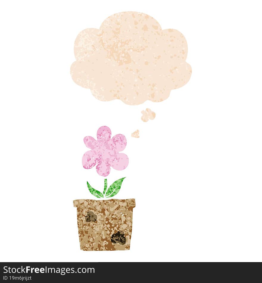 cute cartoon flower and thought bubble in retro textured style