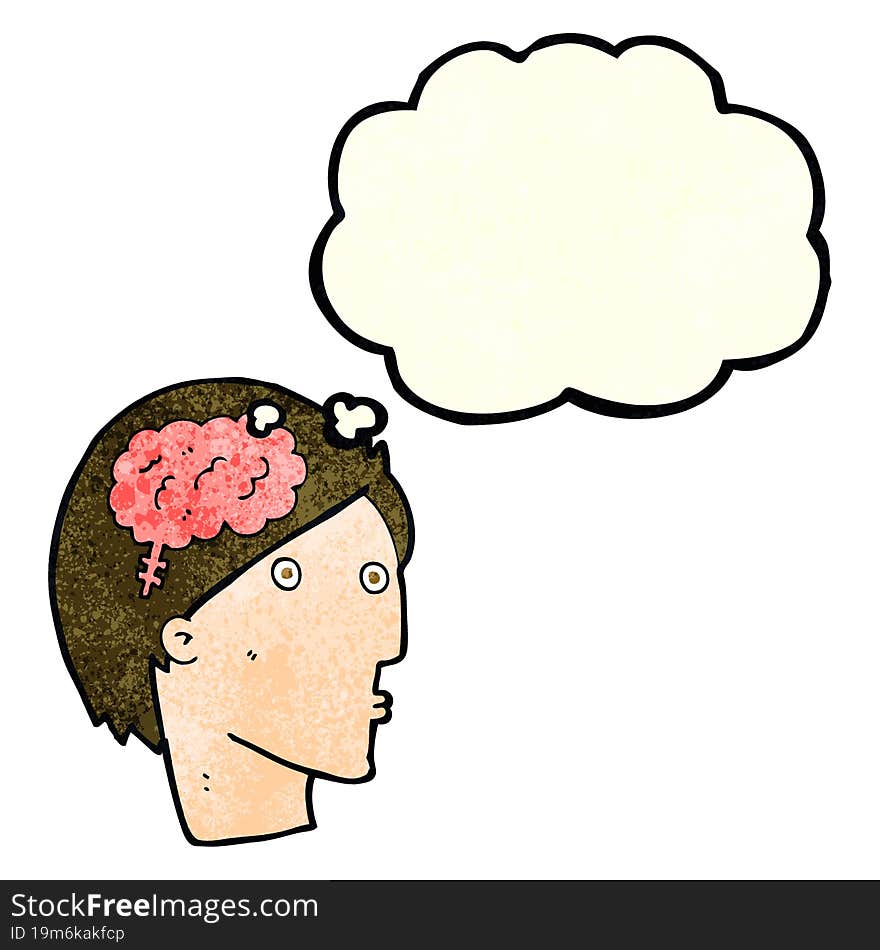 cartoon man with brain symbol with thought bubble