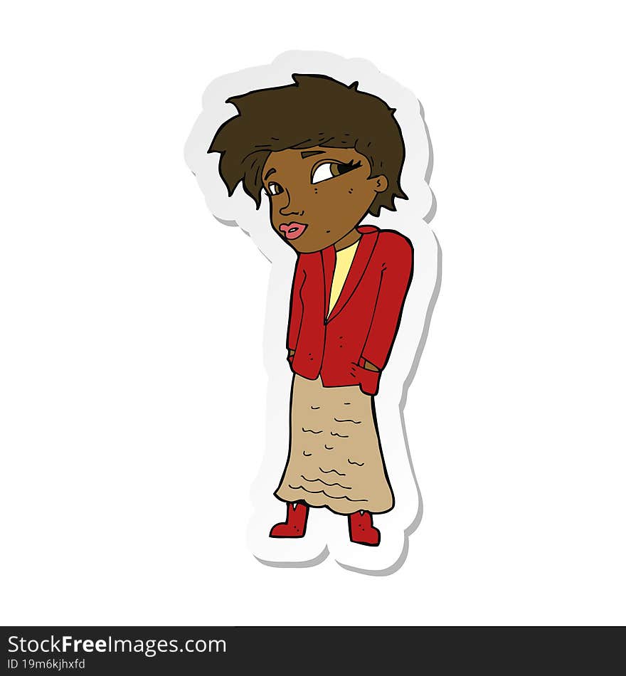 sticker of a cartoon woman with hands in pockets