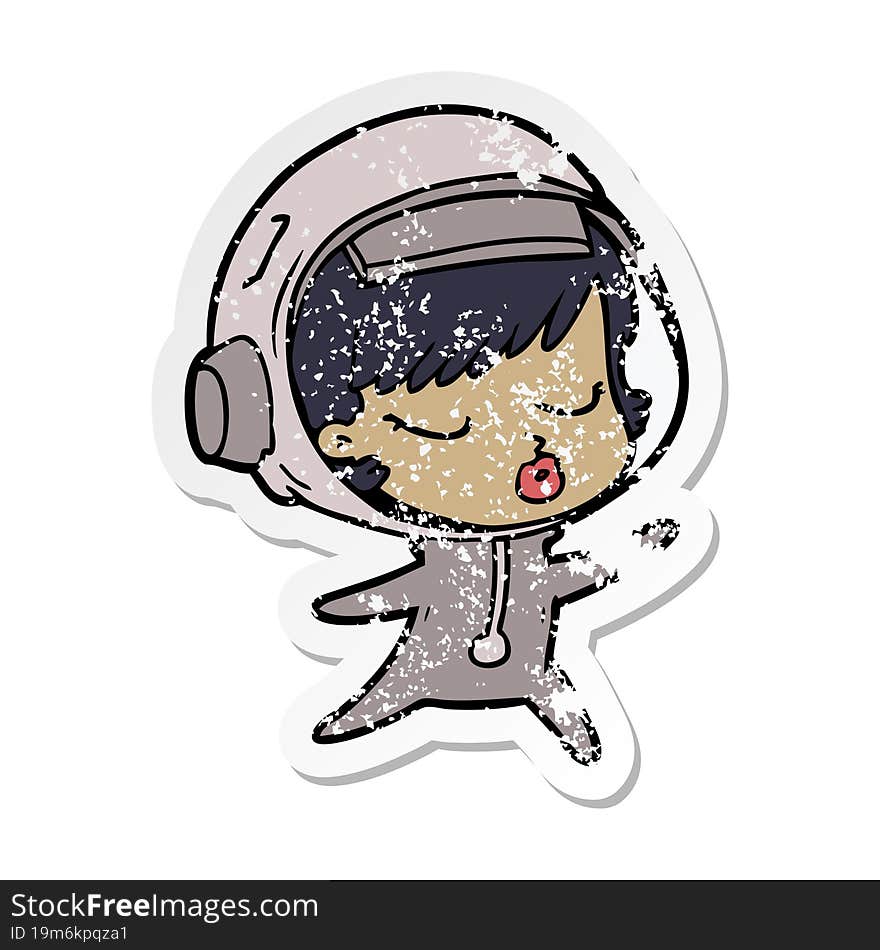 distressed sticker of a cartoon pretty astronaut girl