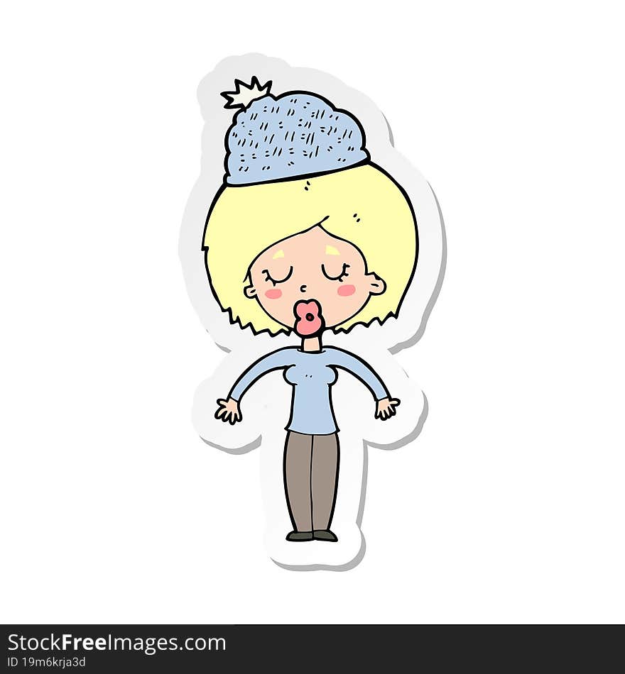 Sticker Of A Cartoon Woman Wearing Winter Hat