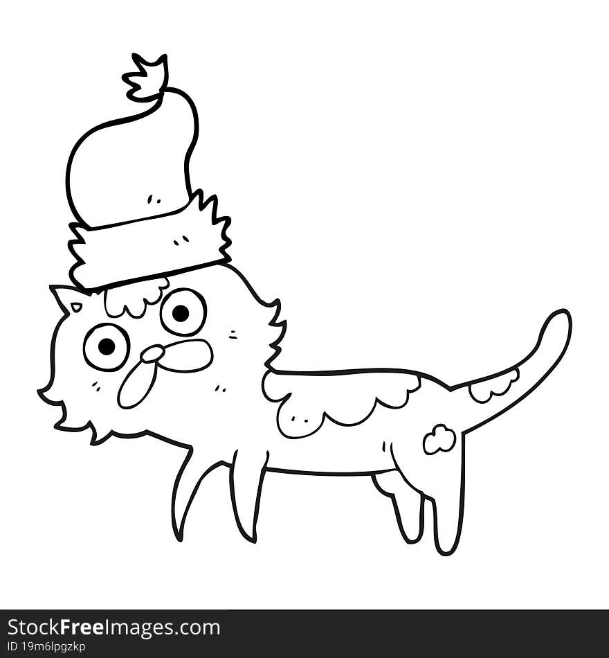 Black And White Cartoon Cat Wearing Christmas Hat