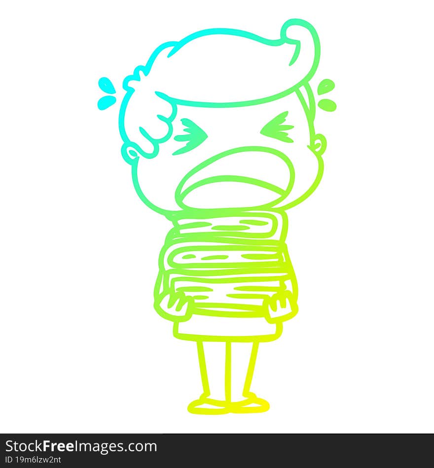 cold gradient line drawing cartoon shouting man with stack of books