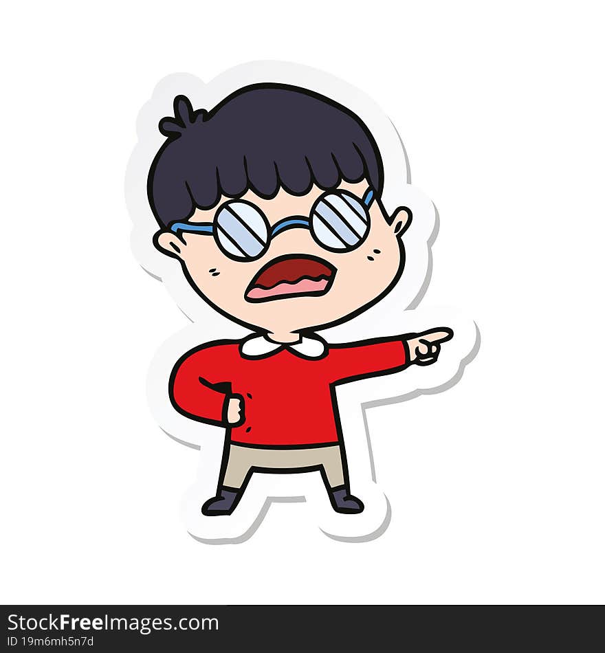 sticker of a cartoon pointing boy wearing spectacles