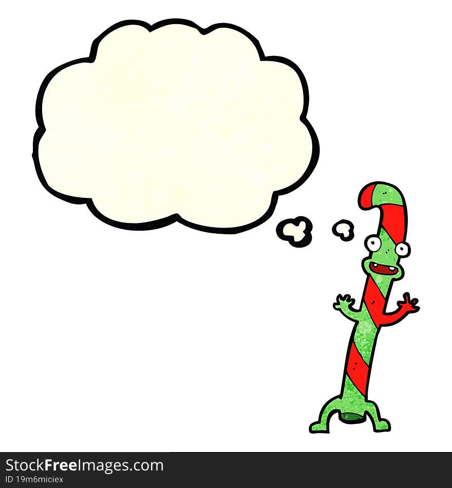 cartoon dancing christmas candy cane with thought bubble