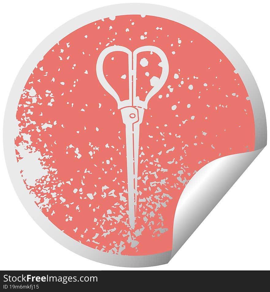 quirky distressed circular peeling sticker symbol scissors