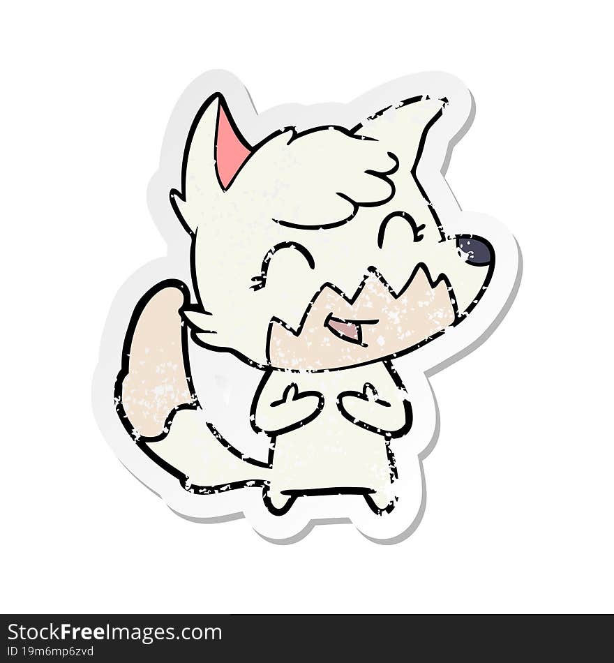 distressed sticker of a happy cartoon fox