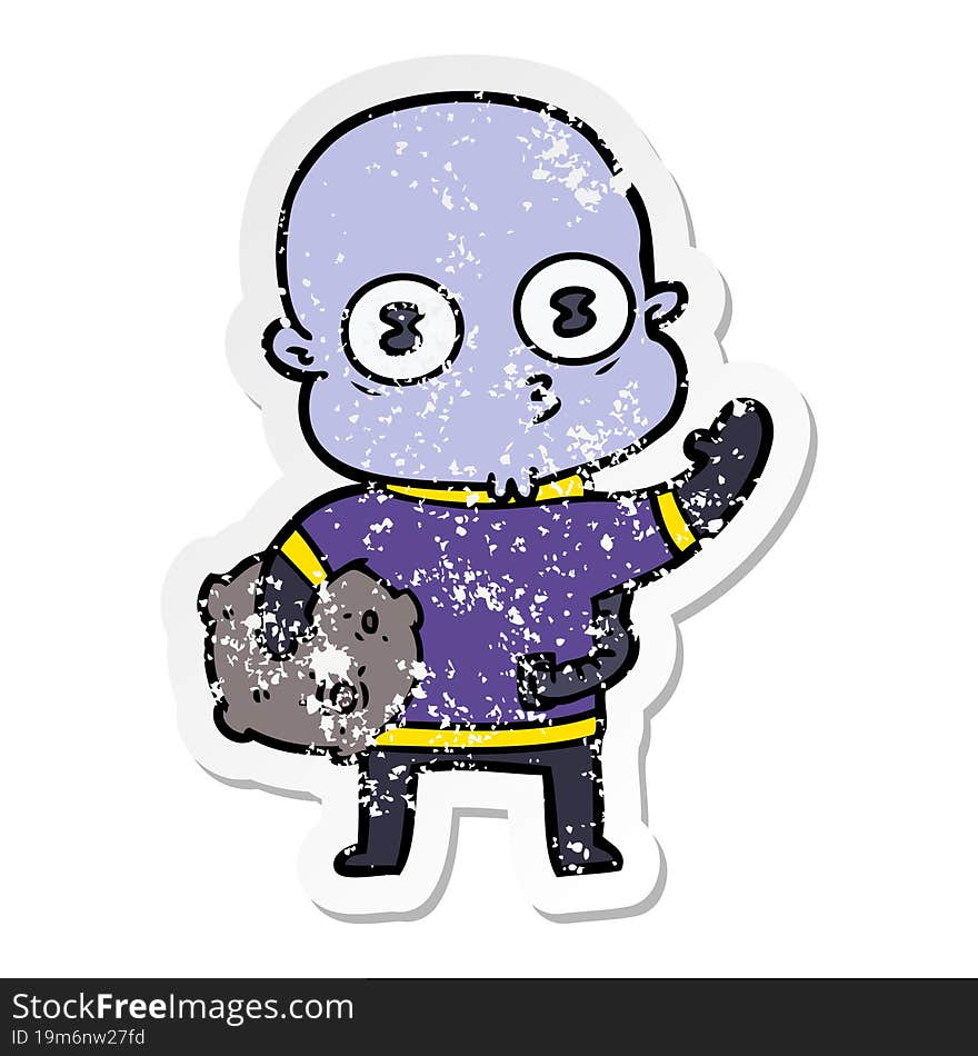 distressed sticker of a waving weird bald spaceman