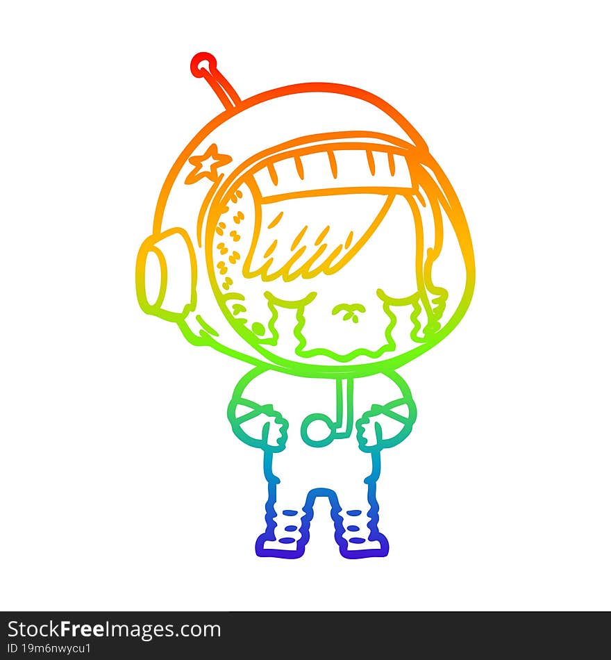 rainbow gradient line drawing cartoon crying astronaut girl