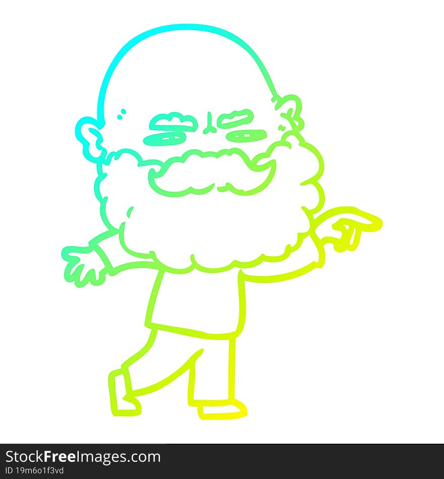 Cold Gradient Line Drawing Cartoon Man With Beard Frowning And Pointing